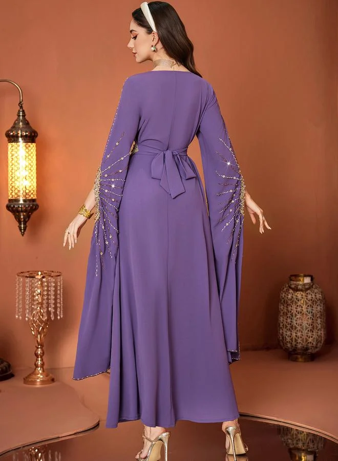 Take Two Women Purple Rhinestone Embellished Slit Sleeve Jalabiya
